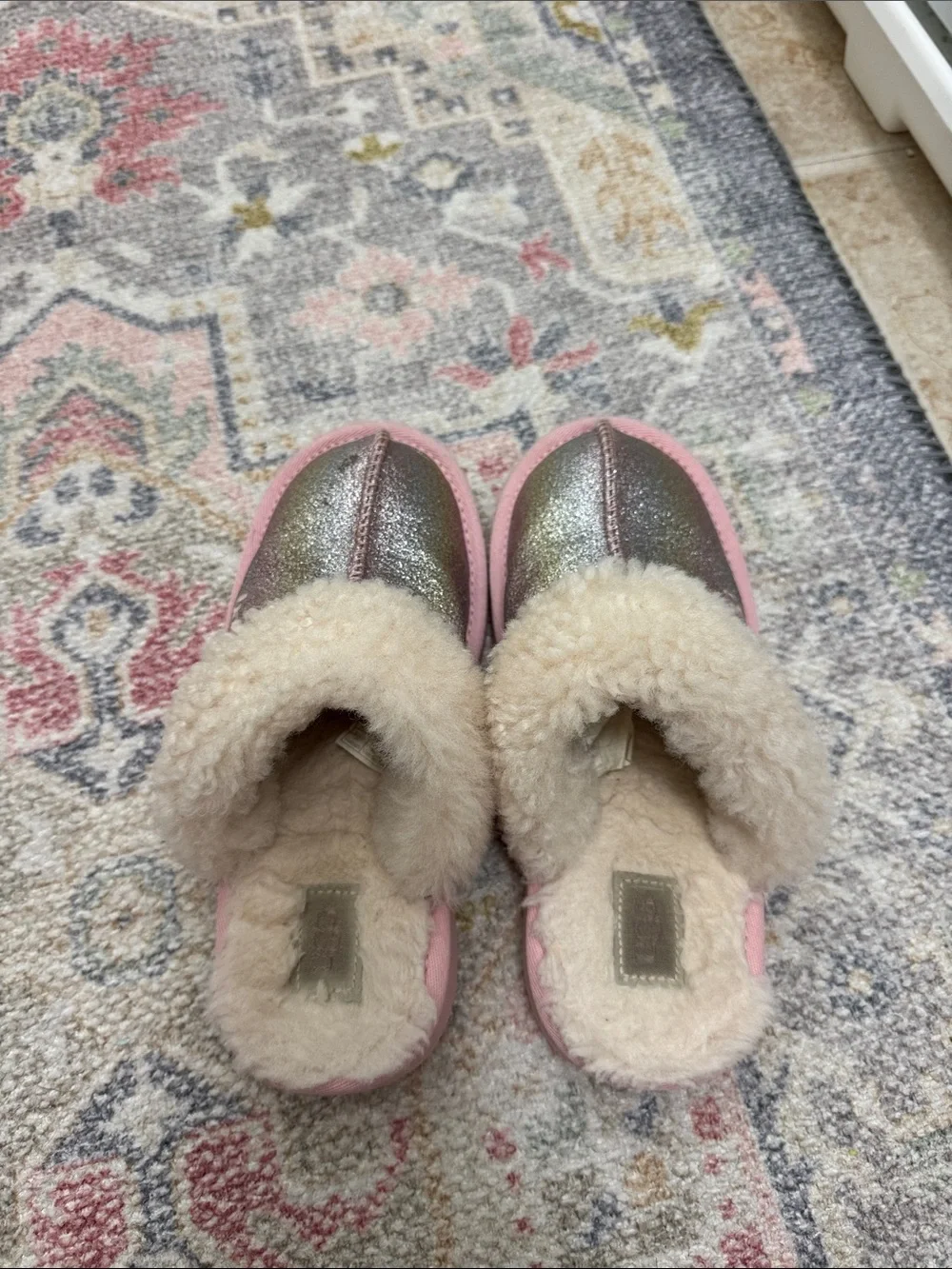 UGG Kids Iridescent Silver Glitter Sheepskin-Trim Pink Sole Clog Slippers